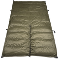 Jacks R Better The Nest 20 degree Hennessy Hammock underquilt laid flat with the dark olive shell facing up and black webbing attachment tabs at each corner