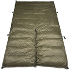 Jacks R Better The Nest 20 degree Hennessy Hammock underquilt laid flat with the dark olive shell facing up and black webbing attachment tabs at each corner