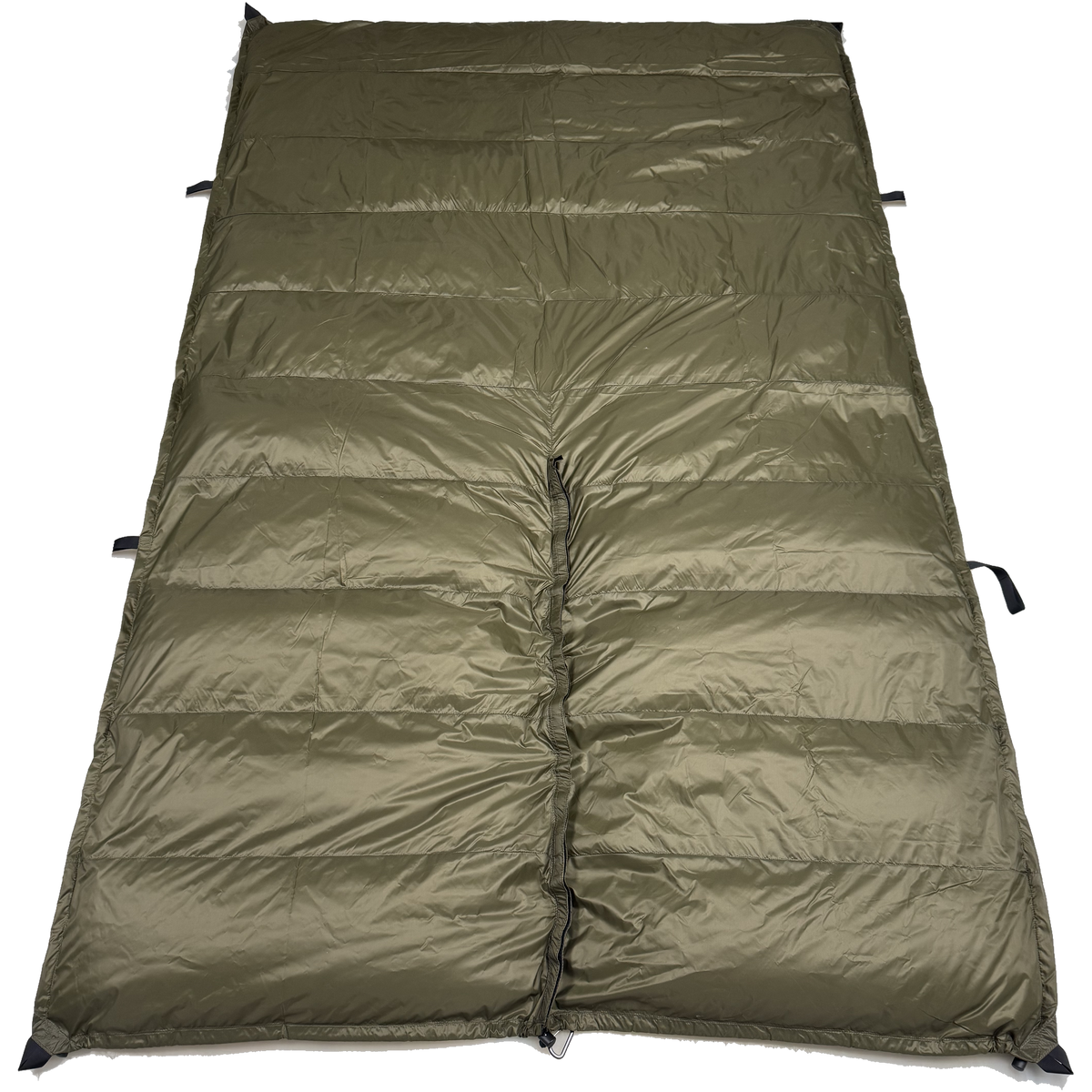 Jacks R Better The Nest 20 degree Hennessy Hammock underquilt laid flat with the dark olive shell facing up and black webbing attachment tabs at each corner