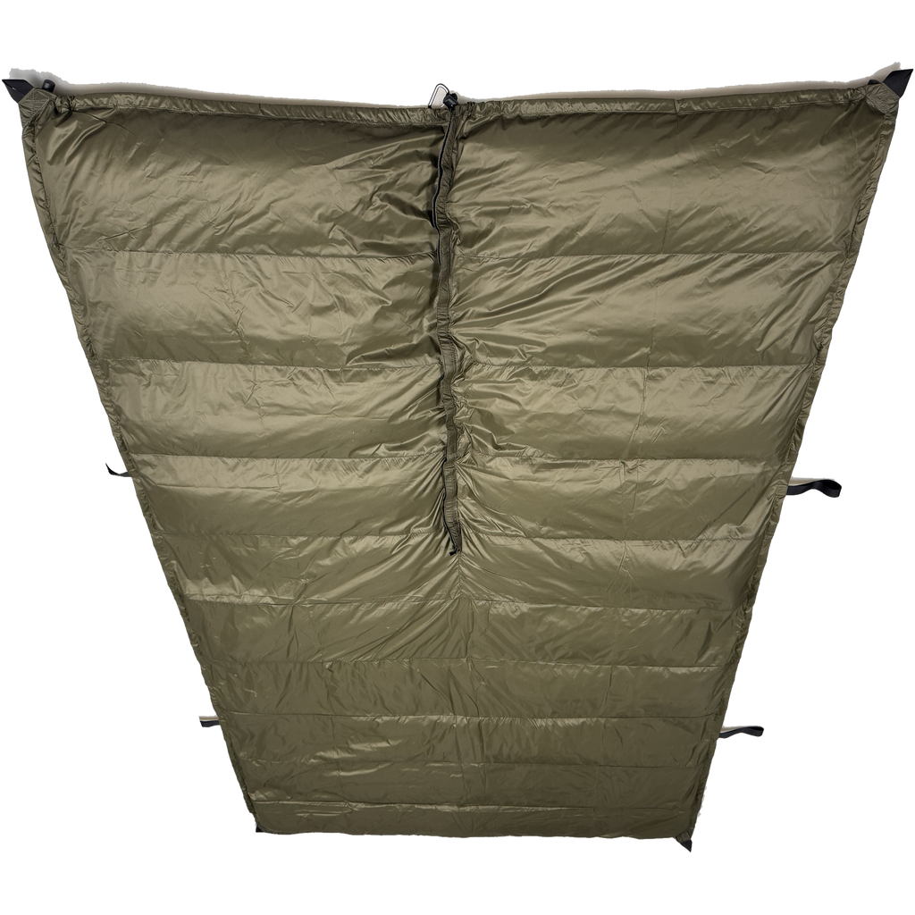 Jacks R Better The Nest 20 degree Hennessy Hammock underquilt shown full length in dark olive with the centre suspension channel visible