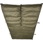 Jacks R Better The Nest 20 degree Hennessy Hammock underquilt shown full length in dark olive with the centre suspension channel visible