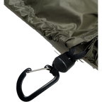 Close-up of the shock cord toggle and carabiner on the Jacks R Better The Nest Hennessy Hammock underquilt suspension