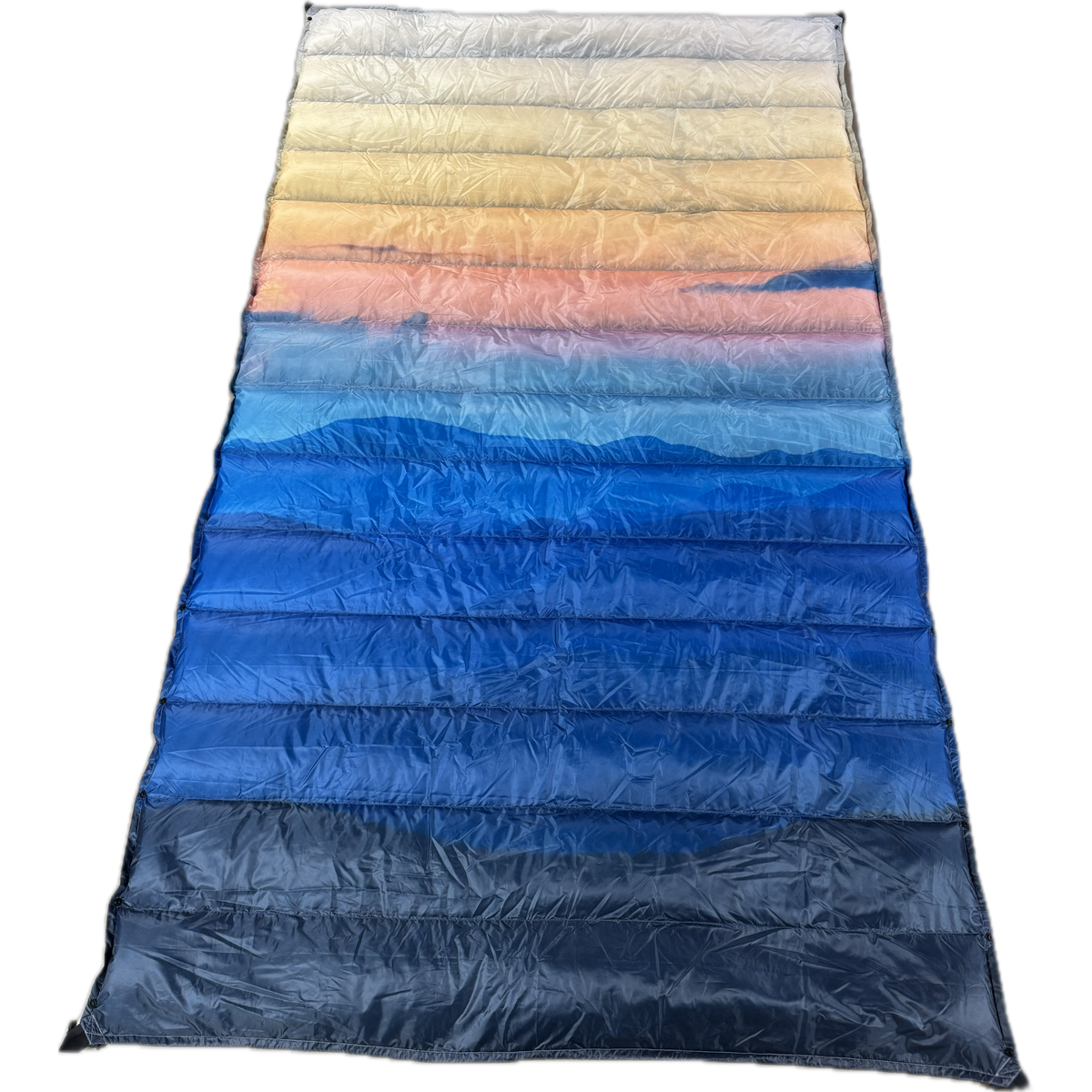 Jacks R Better Wayah Bald Sunset 40°F limited-edition ultralight quilt in the orange-to-blue sunset print