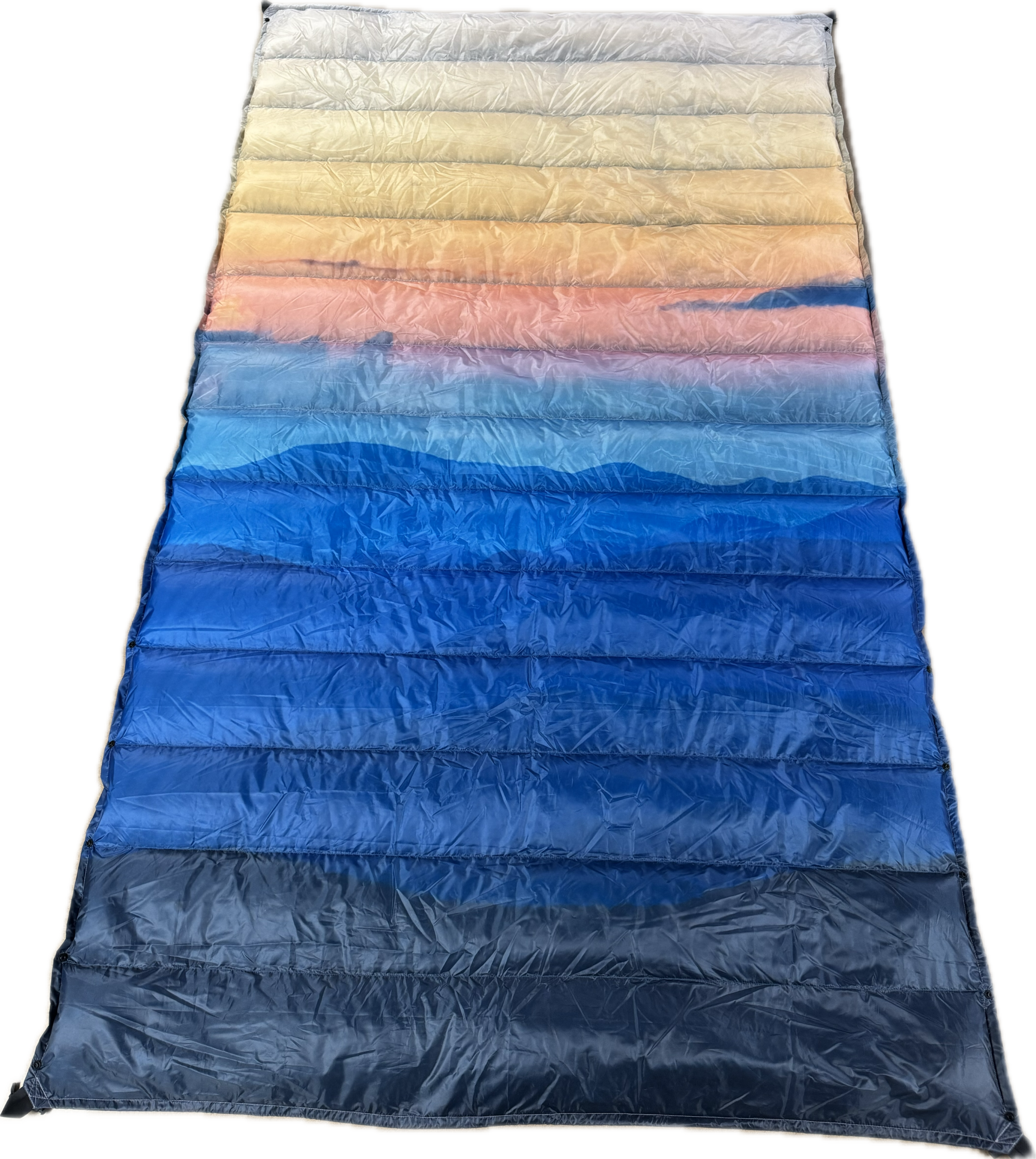 Jacks R Better Wayah Bald Sunset 40°F limited-edition ultralight quilt in the orange-to-blue sunset print