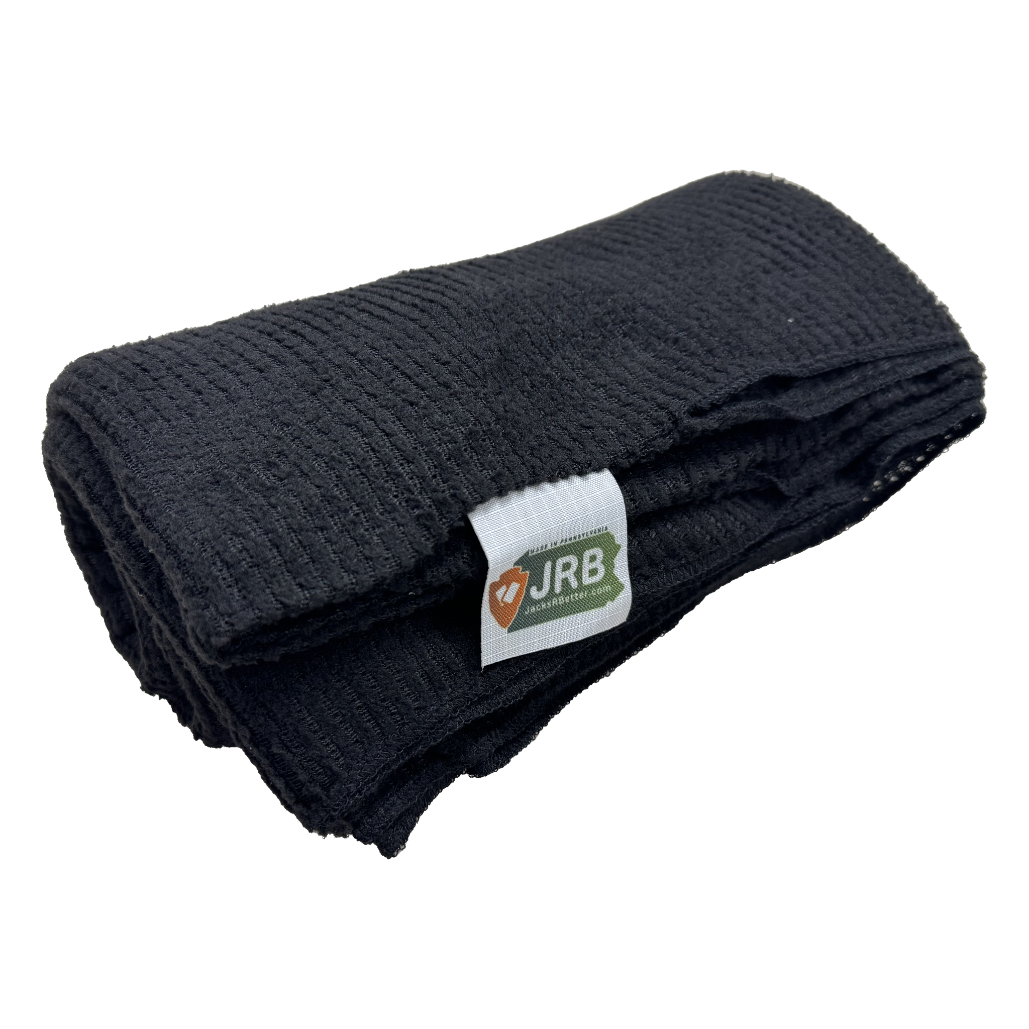 Polartec Alpha Direct Trail 90 quilt liner in black, folded to show the open grid-knit face and the JRB Made in Pennsylvania label