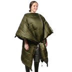 Woman wearing the Jacks R Better Sierra Sniveller 20° wide down camping quilt as a wearable wrap, front view