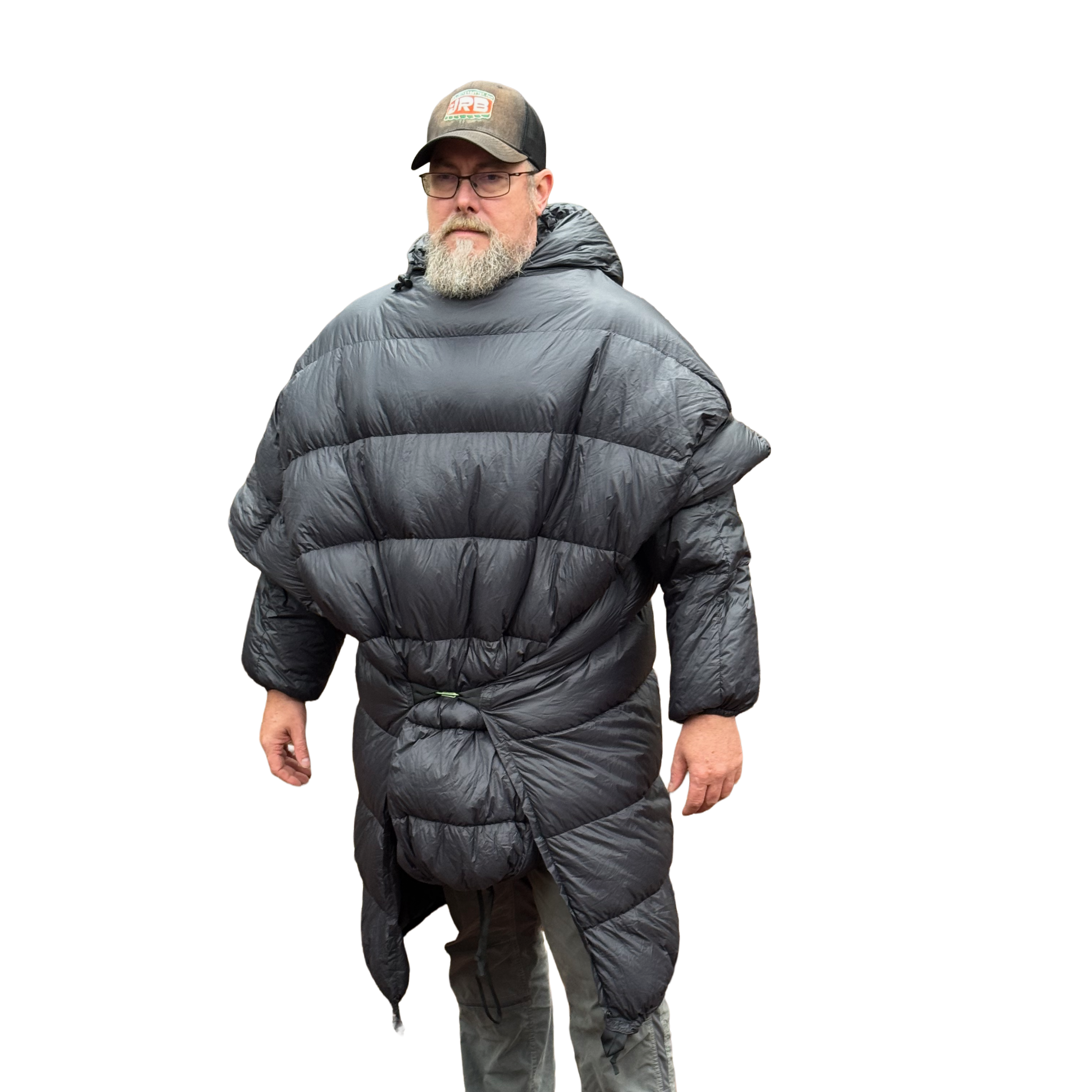 Man wearing the Sierra Stealth 40° wide wearable down quilt as a wrap, front view