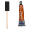 Tarp seam sealing kit contents: a 1.5 oz tube of Permatex 81730 flowable silicone windshield and glass sealant beside a 1-inch foam brush