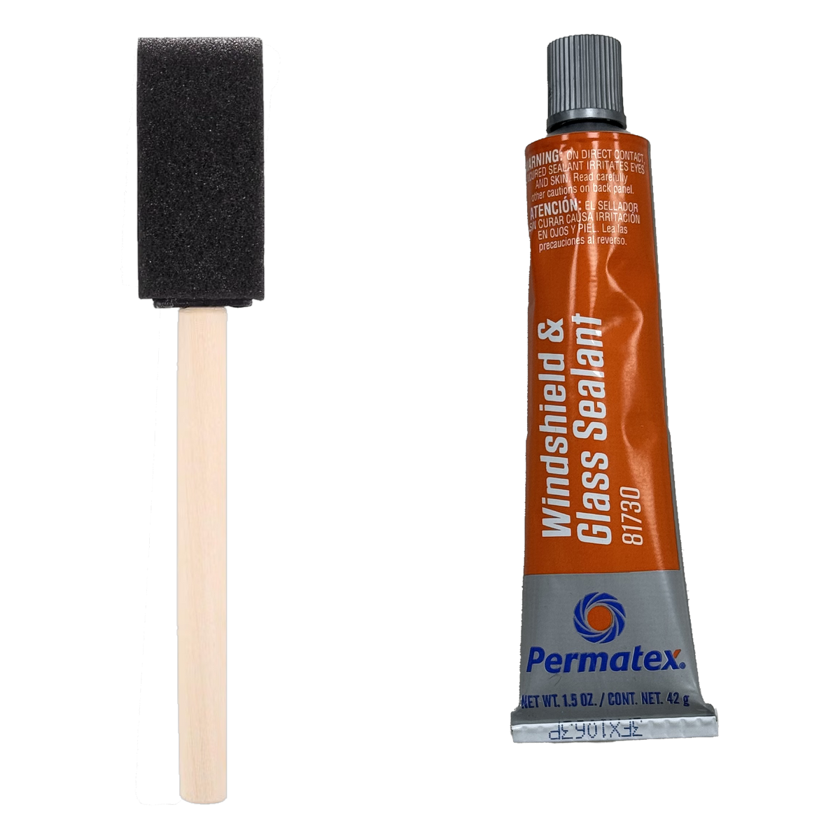 Tarp seam sealing kit contents: a 1.5 oz tube of Permatex 81730 flowable silicone windshield and glass sealant beside a 1-inch foam brush